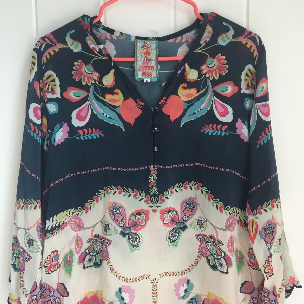 JOHNNY WAS FLORAL SCALLOP BLOUSE S